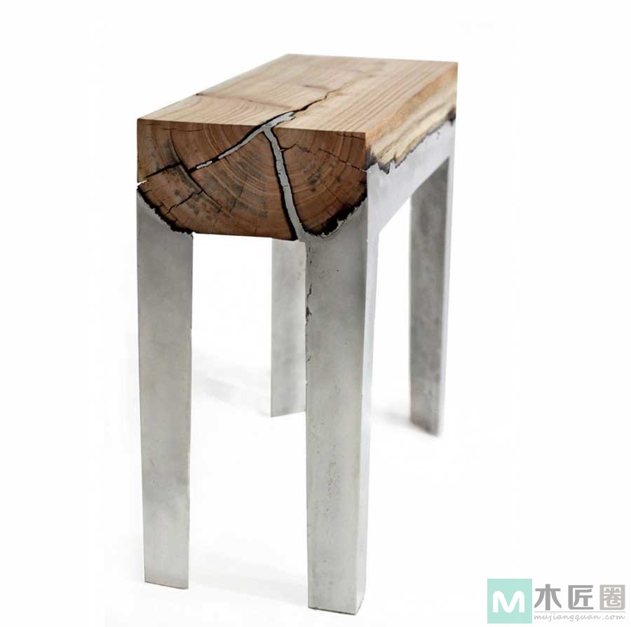 以色列产品设计师把铝液融合木头，创建独特的桌子和长凳